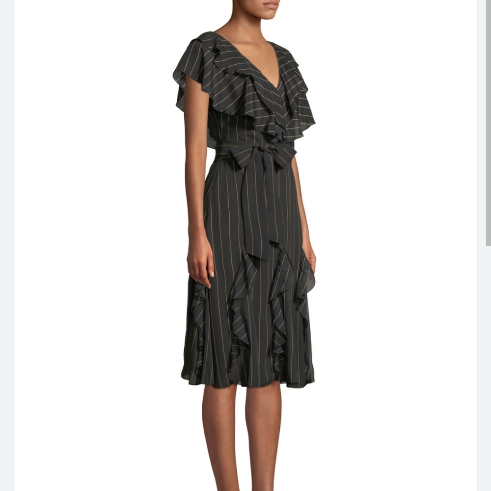 Alice + Olivia Tessa ruffle Godet midi dress pinstripe size 4